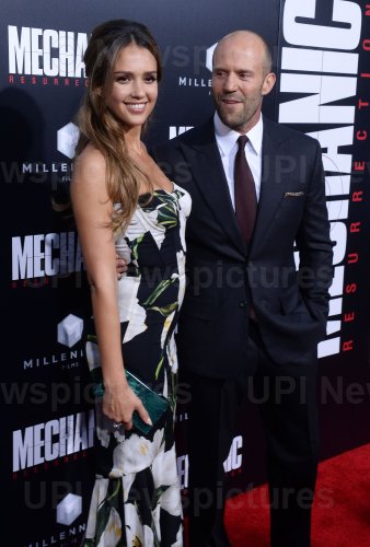 Jason Statham and Jessica Alba attend "Mechanic: Resurrection" premiere in Los Angeles